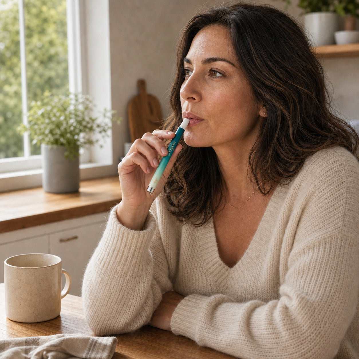 Adult using RESPIRA Clear in a calm morning kitchen