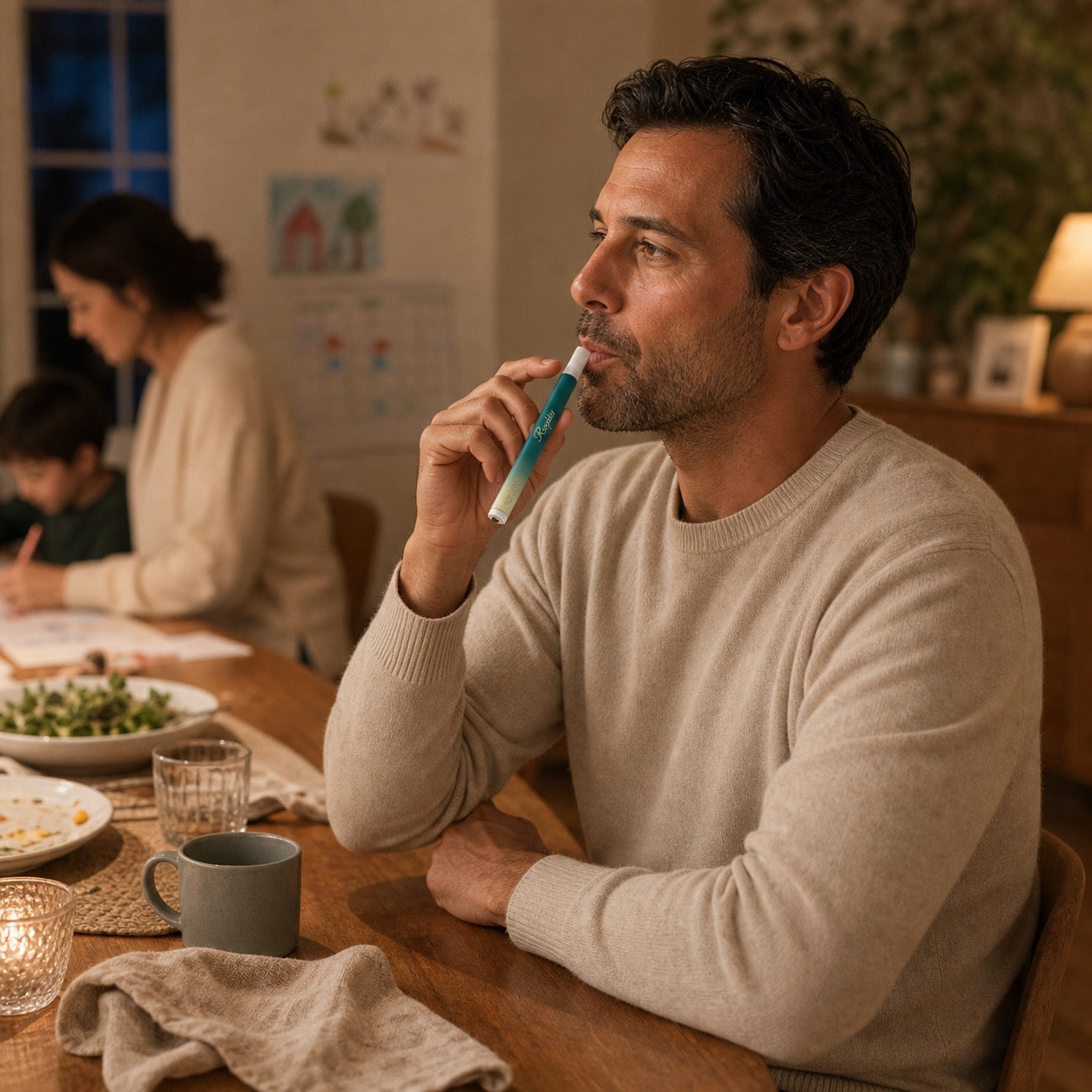 Parent using RESPIRA Clear at the dinner table instead of leaving the room