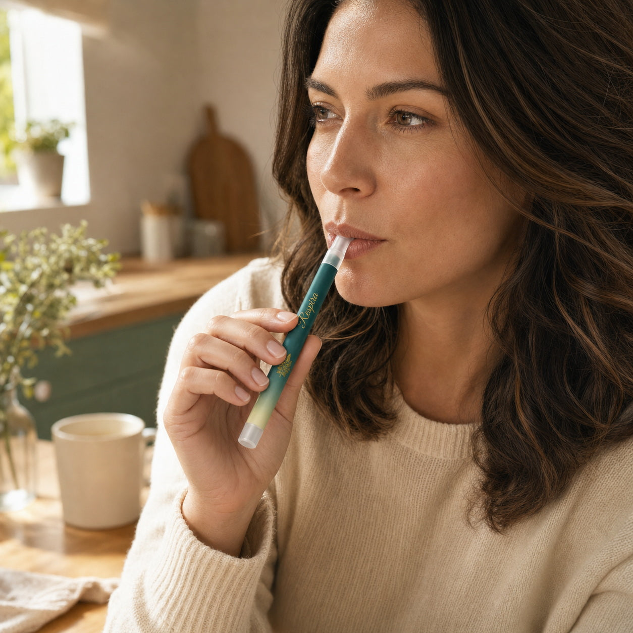 Adult using RESPIRA Clear herbal diffuser pen