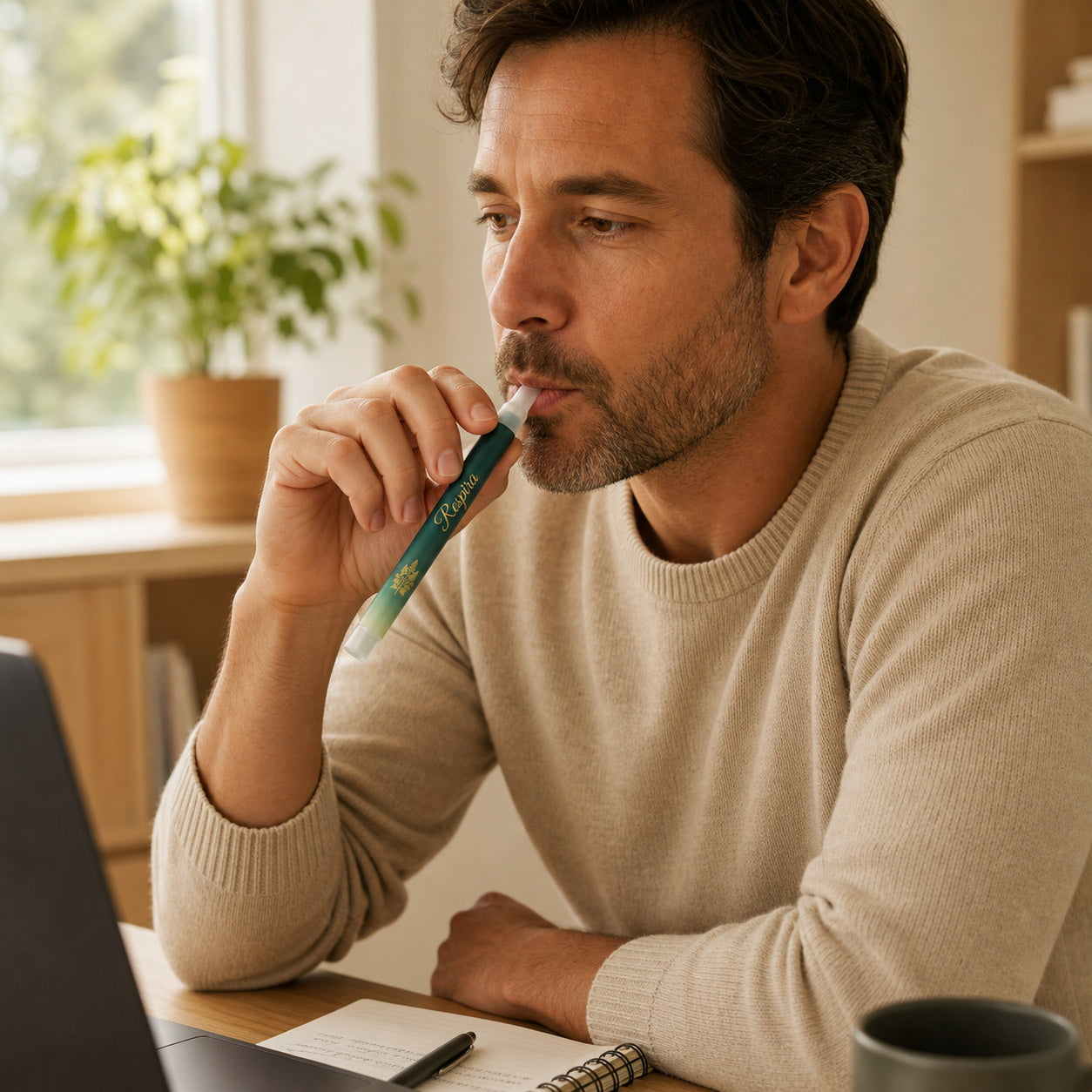 Adult using RESPIRA Clear herbal diffuser pen