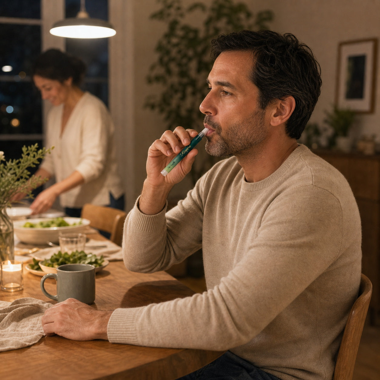 Adult using RESPIRA Clear herbal diffuser pen