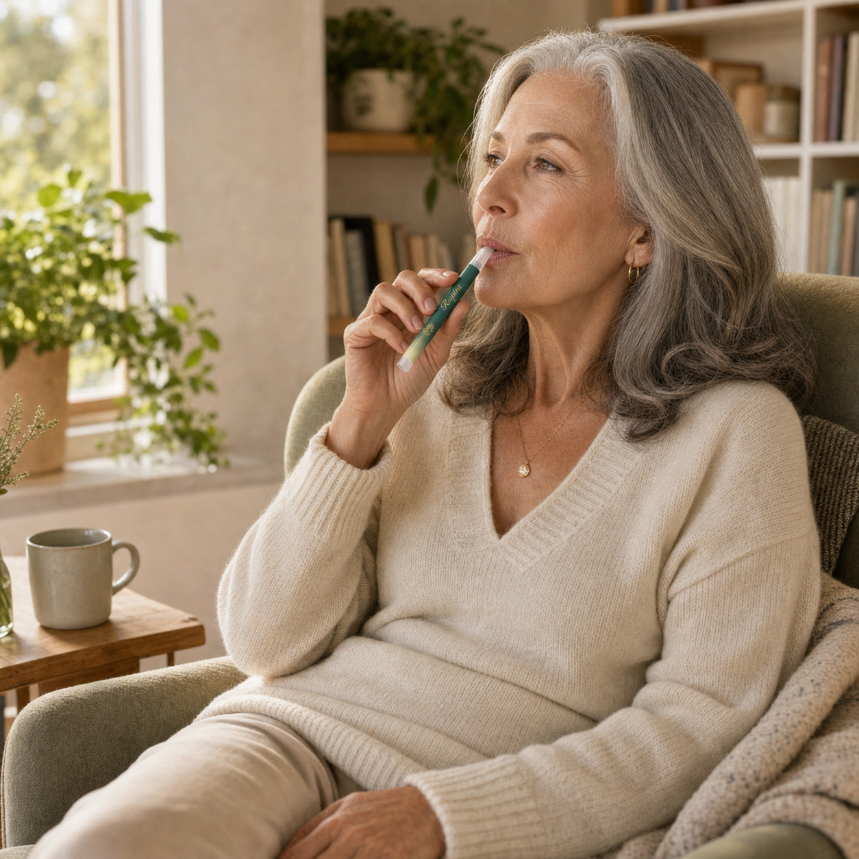 Adult using RESPIRA Clear herbal diffuser pen
