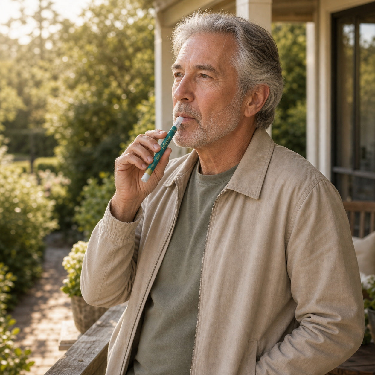 Adult using RESPIRA Clear herbal diffuser pen