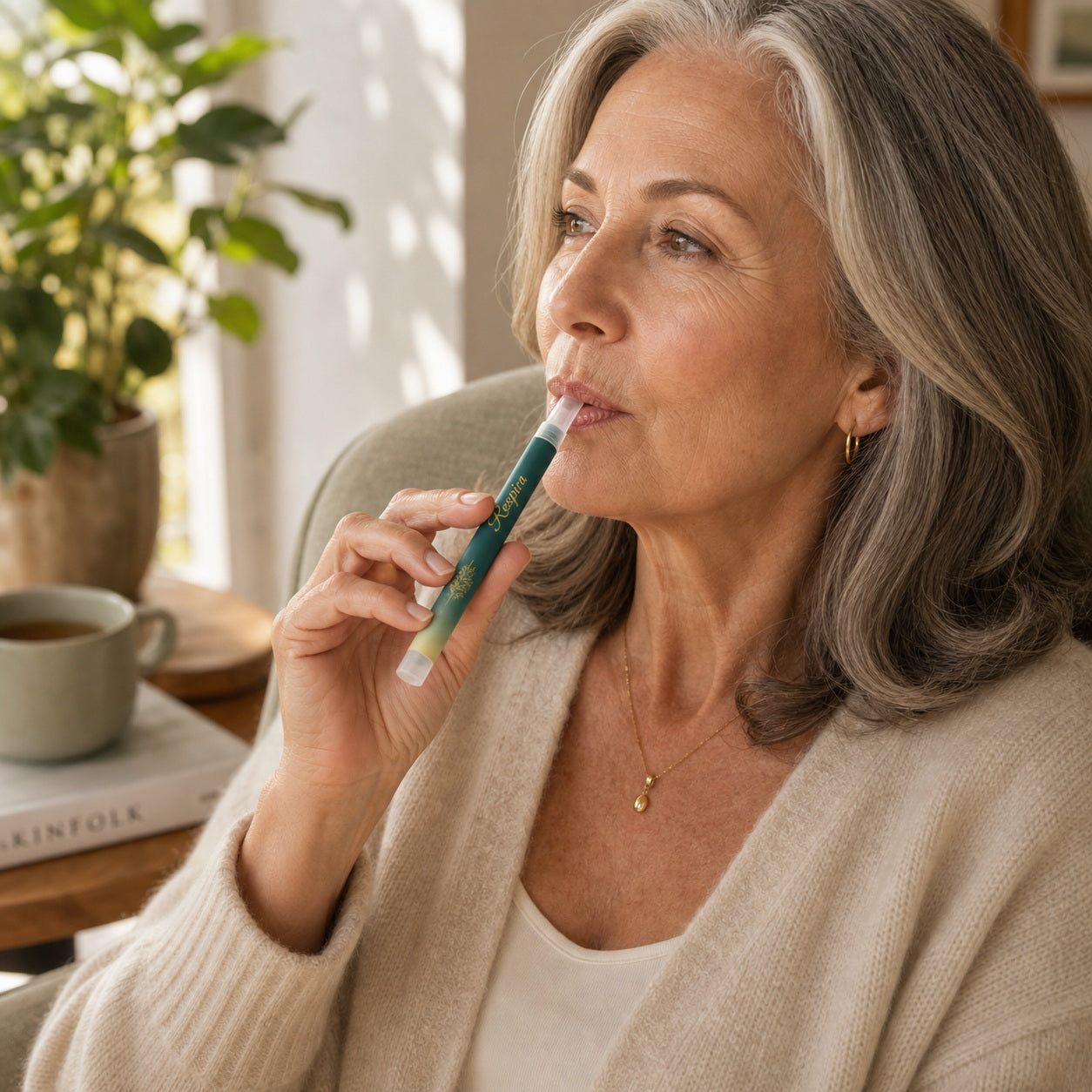 Adult using RESPIRA Clear herbal diffuser pen
