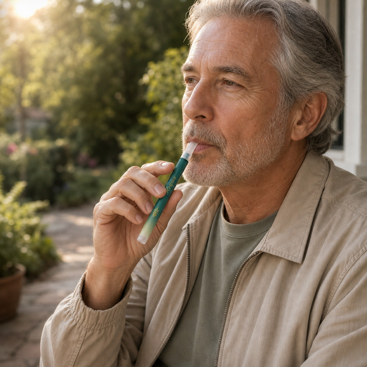 Adult using RESPIRA Clear herbal diffuser pen
