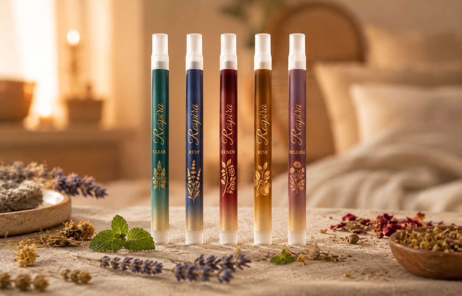 The RESPIRA herbal diffuser range — all five blends